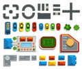 Elements for creating a city view from above. Roads, parking, cars, houses, pool, burger house, stadium. Vector illustration.